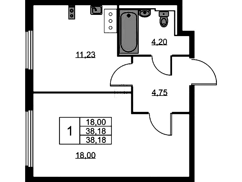 1-комнатная квартира 38.18 м², 11/11 эт., ЖК «Новое Колпино»